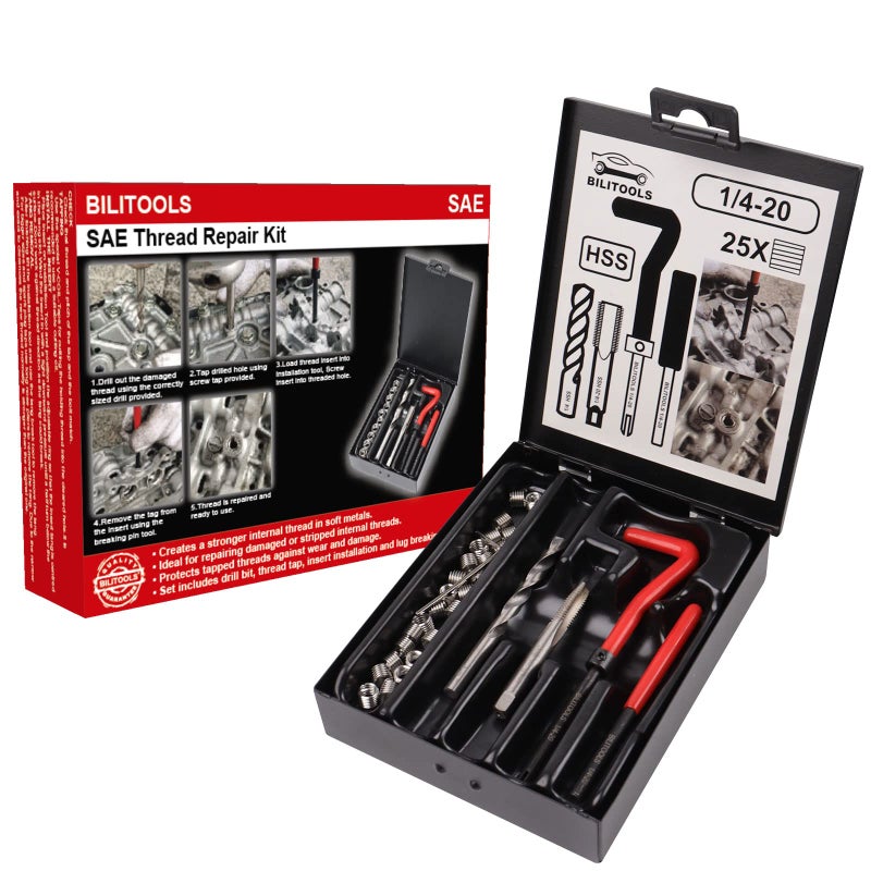 BILITOOLS مجموعة إصلاح الخيوط BILITOOLS مقاس 1/4-20 بوصة، مجموعة إصلاح مثقاب Helicoil HSS SAE - Image 1